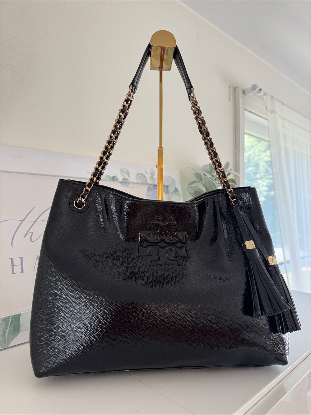 Tory Burch Black Patent Leather Chain-Handle Shoulder Bag with Tassel